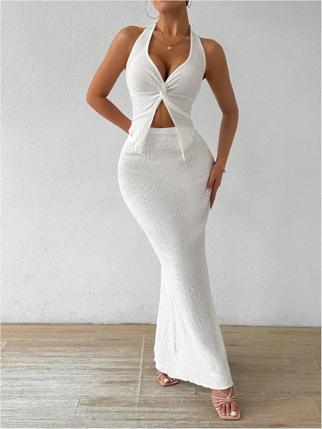 SOLY HUX Women's Two Piece Outfits Twist Front Halter Cami Tops and Skirt Summer Set
