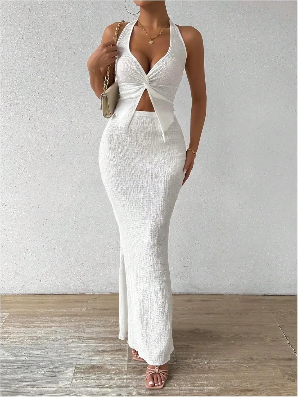 SOLY HUX Women's Two Piece Outfits Twist Front Halter Cami Tops and Skirt Summer Set