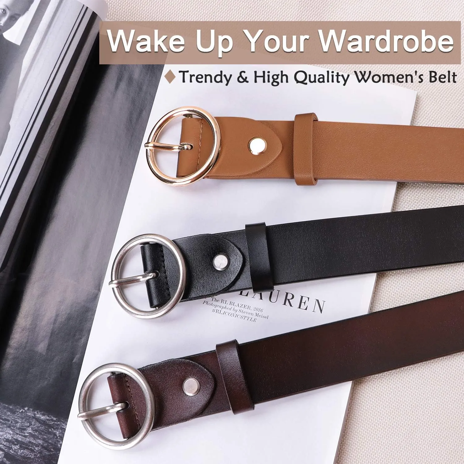SUOSDEY Fashion Women Leather Belt for Dresses Jeans Pants With Classic Round Buckle