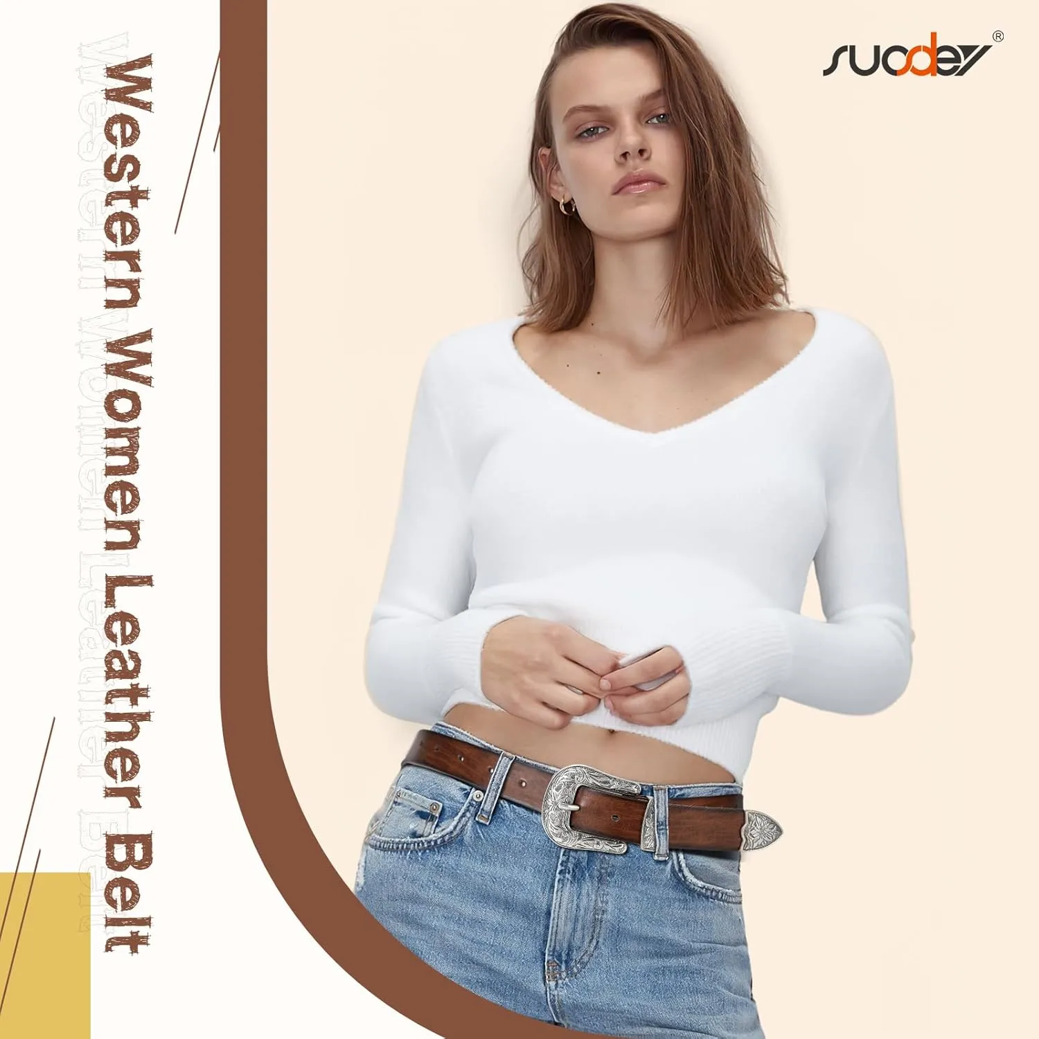 SUOSDEY Western Leather Belts for Women with Vintage Metal Buckle Belt