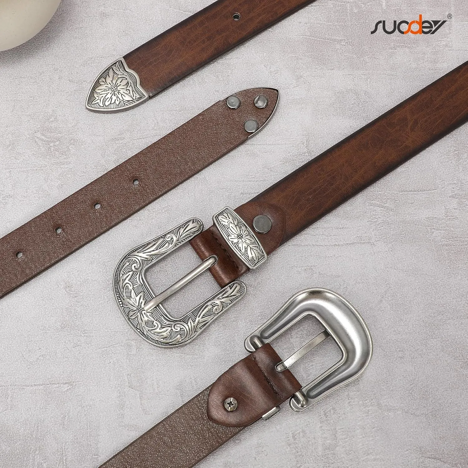 SUOSDEY Western Leather Belts for Women with Vintage Metal Buckle Belt