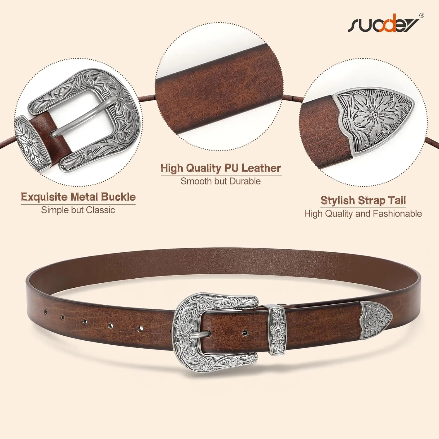 SUOSDEY Western Leather Belts for Women with Vintage Metal Buckle Belt
