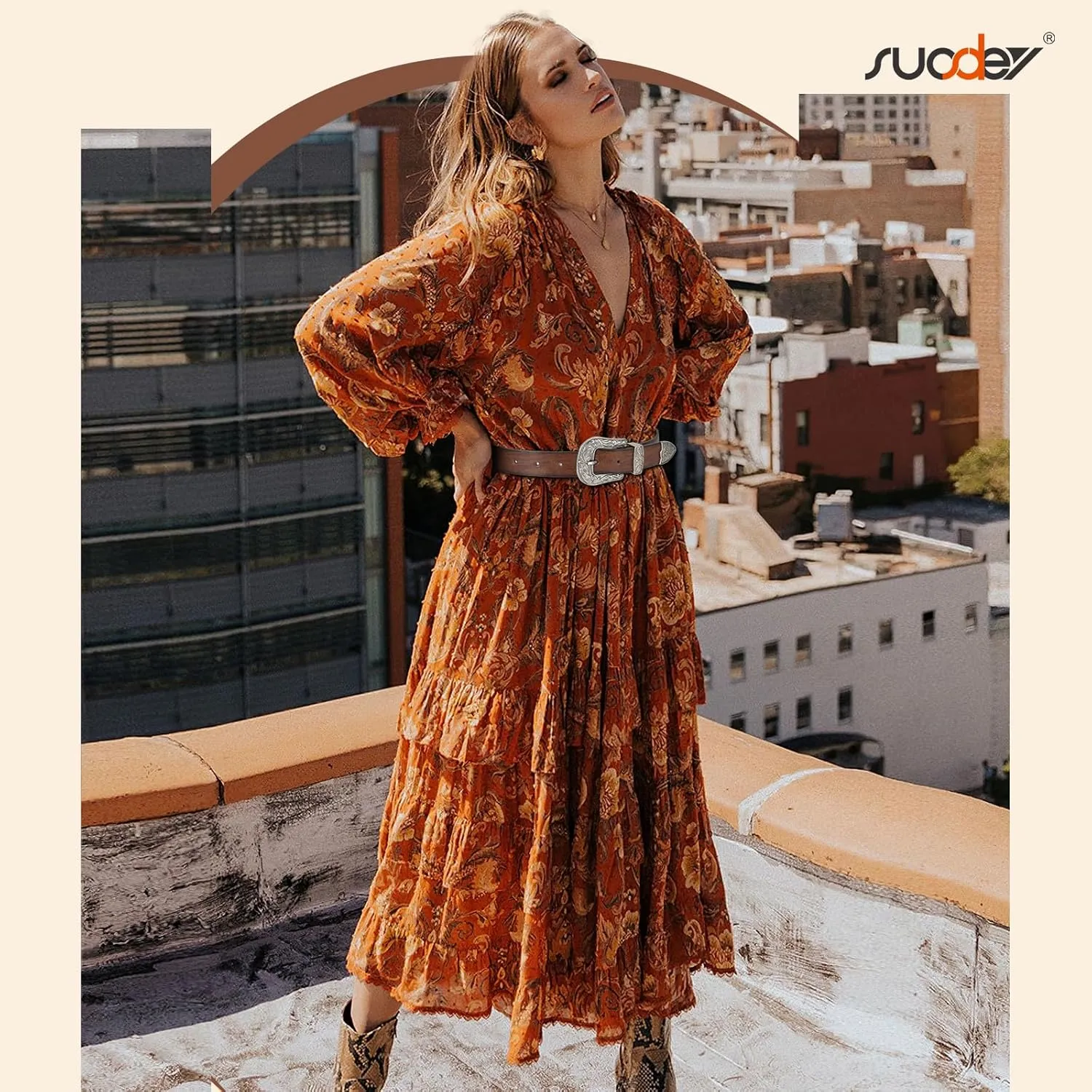 SUOSDEY Western Leather Belts for Women with Vintage Metal Buckle Belt