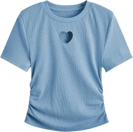 SweatyRocks Women's Y2K Short Sleeve Heart Cutout Ribbed Fitted Crop Top Tee Shirt