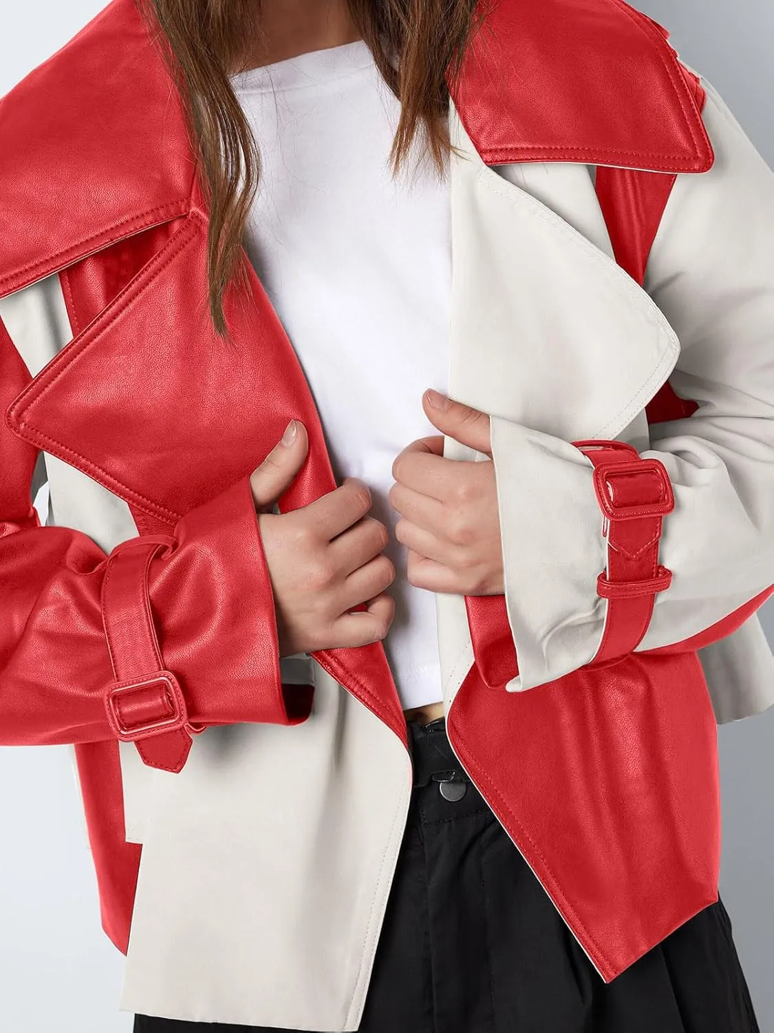 Tankaneo Womens Leather Cropped Jacket Fall Casual Trendy Oversized Color Block Motorcycle Coat