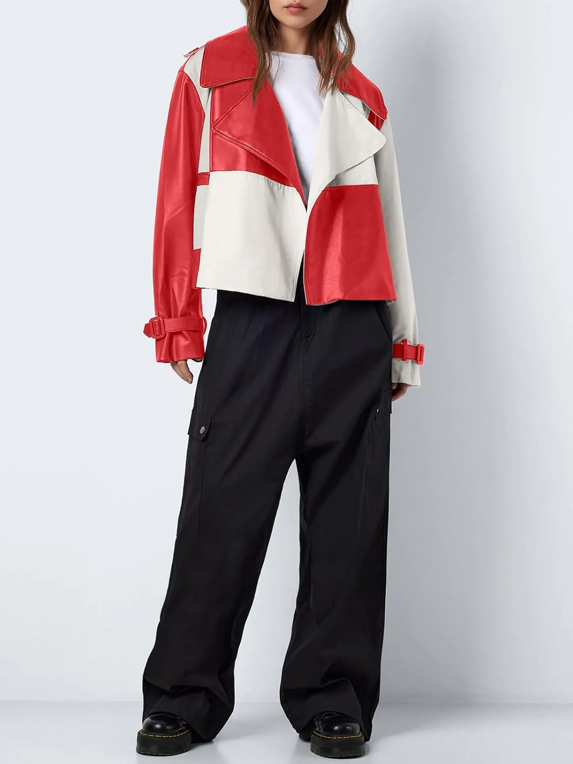Tankaneo Womens Leather Cropped Jacket Fall Casual Trendy Oversized Color Block Motorcycle Coat