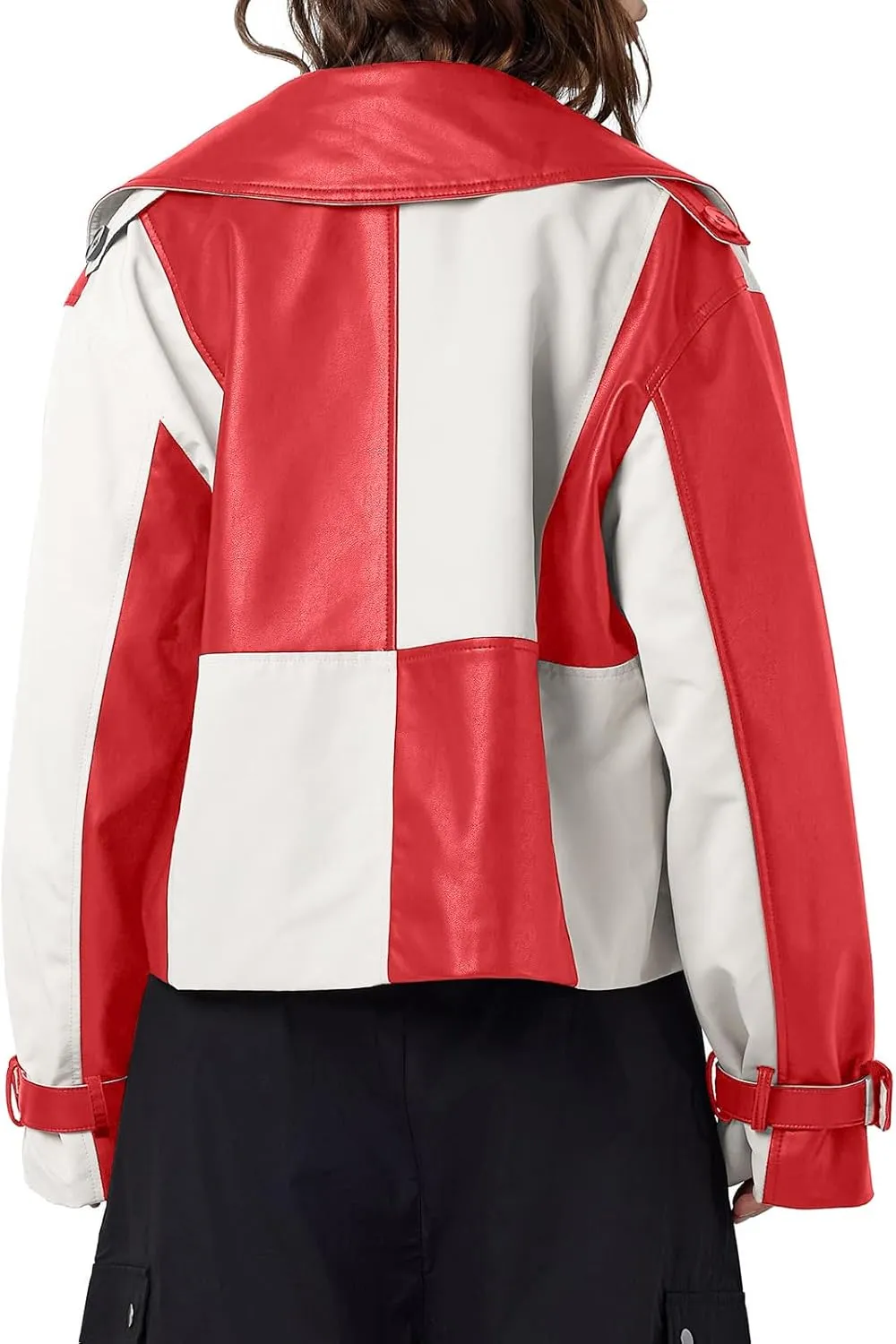 Tankaneo Womens Leather Cropped Jacket Fall Casual Trendy Oversized Color Block Motorcycle Coat