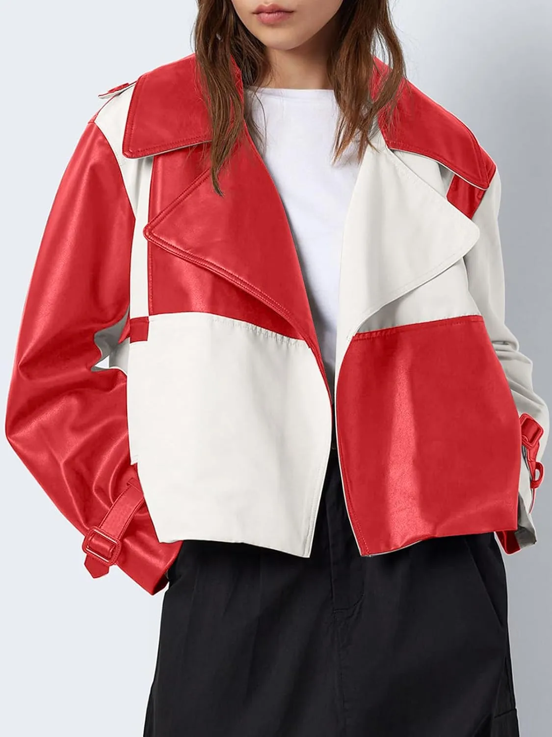Tankaneo Womens Leather Cropped Jacket Fall Casual Trendy Oversized Color Block Motorcycle Coat