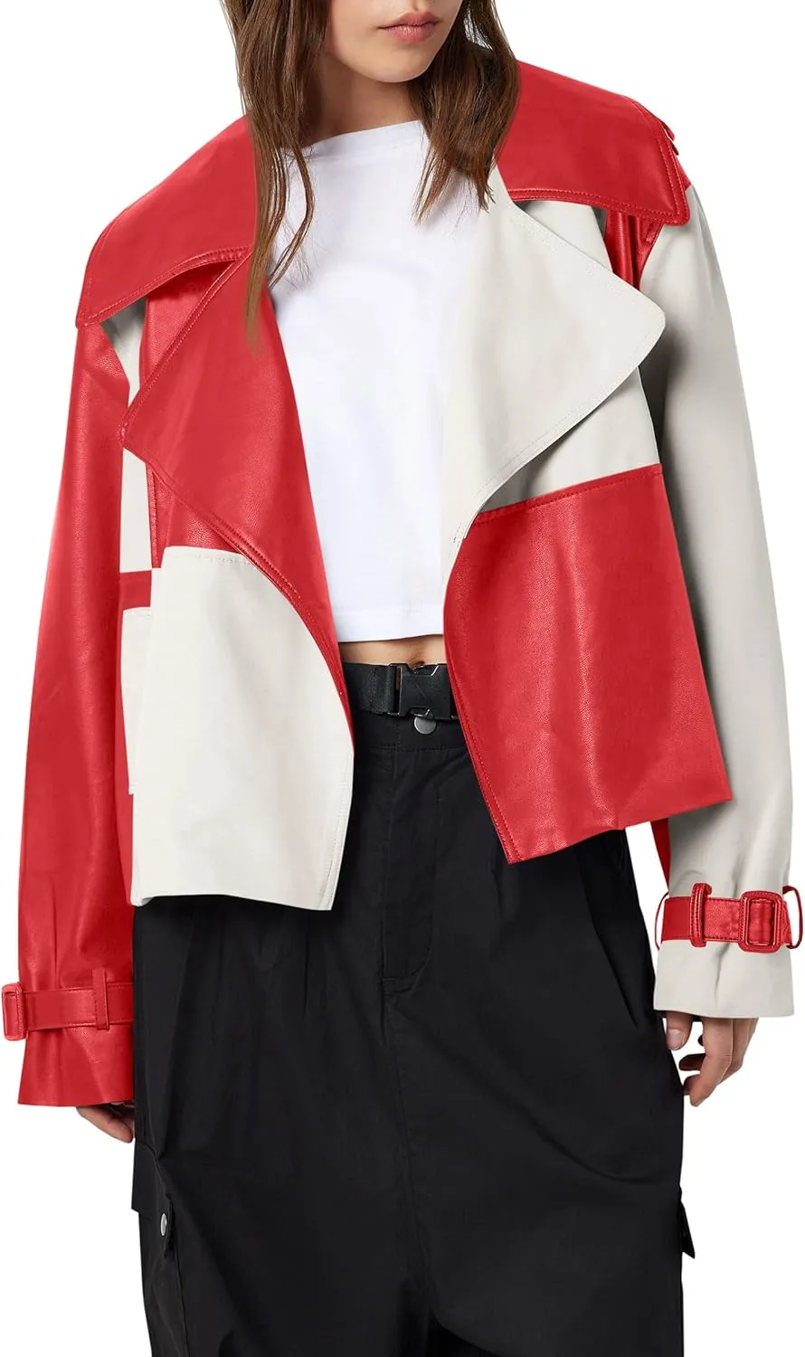 Tankaneo Womens Leather Cropped Jacket Fall Casual Trendy Oversized Color Block Motorcycle Coat