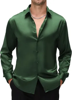 WARHORSEE Mens Silk Satin Dress Shirts Shiny Long Sleeve Button Down Shirt Party Prom Wedding Shirt