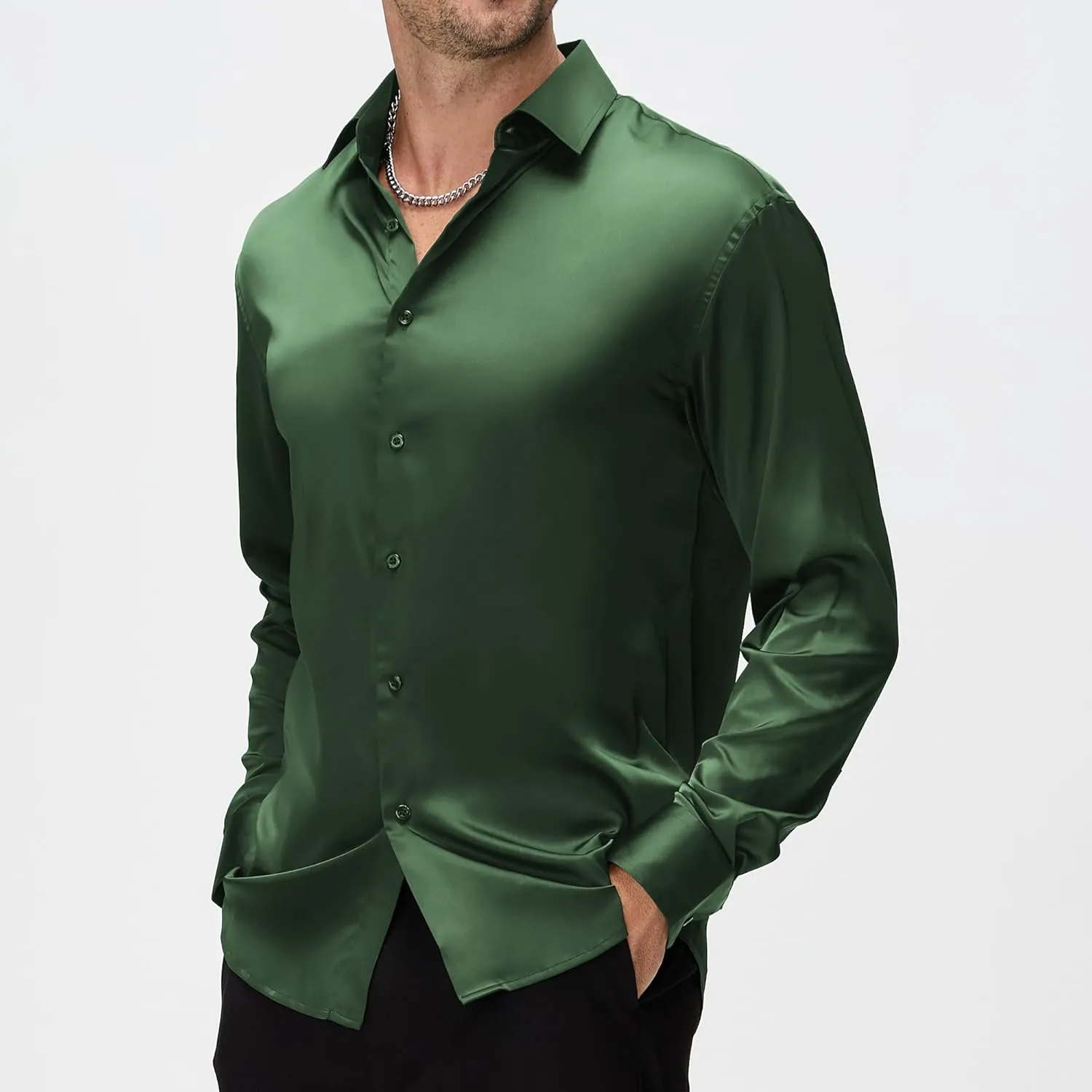WARHORSEE Mens Silk Satin Dress Shirts Shiny Long Sleeve Button Down Shirt Party Prom Wedding Shirt