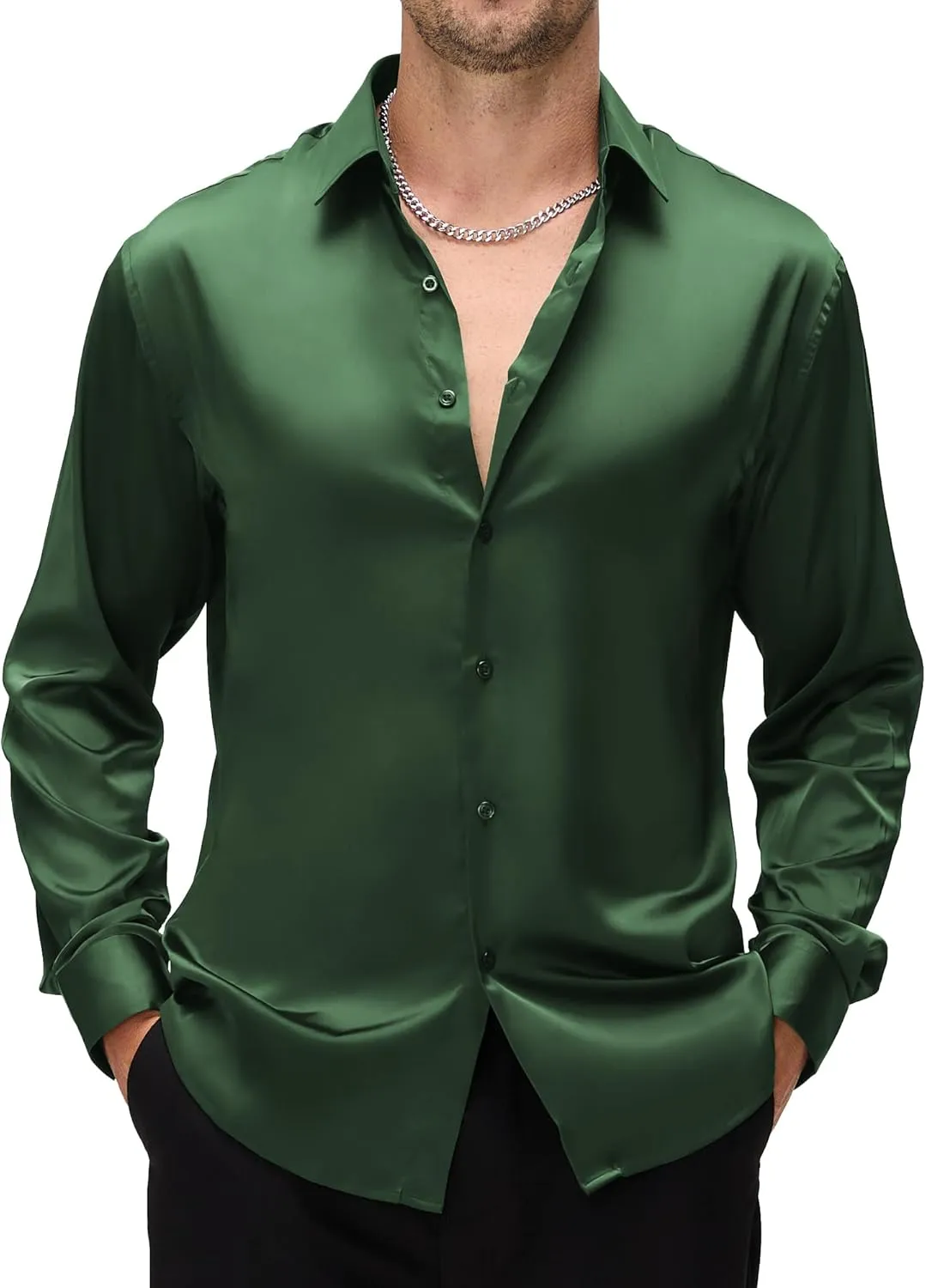 WARHORSEE Mens Silk Satin Dress Shirts Shiny Long Sleeve Button Down Shirt Party Prom Wedding Shirt