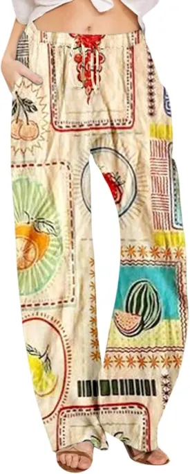 Wide Leg Linen Pants for Women Summer Boho Floral Print High Waisted Palazzo Pants Lounge Beach Trousers with Pockets