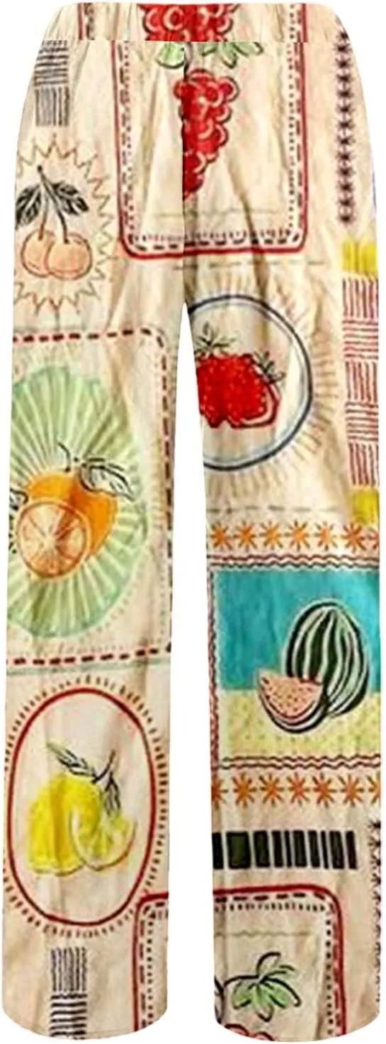 Wide Leg Linen Pants for Women Summer Boho Floral Print High Waisted Palazzo Pants Lounge Beach Trousers with Pockets