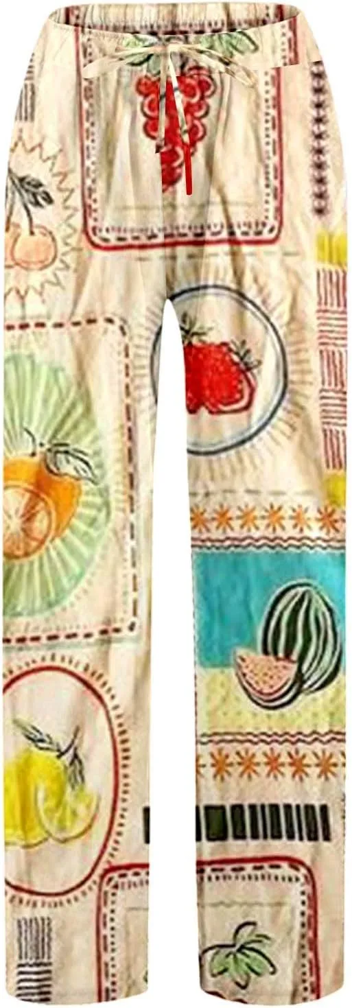 Wide Leg Linen Pants for Women Summer Boho Floral Print High Waisted Palazzo Pants Lounge Beach Trousers with Pockets