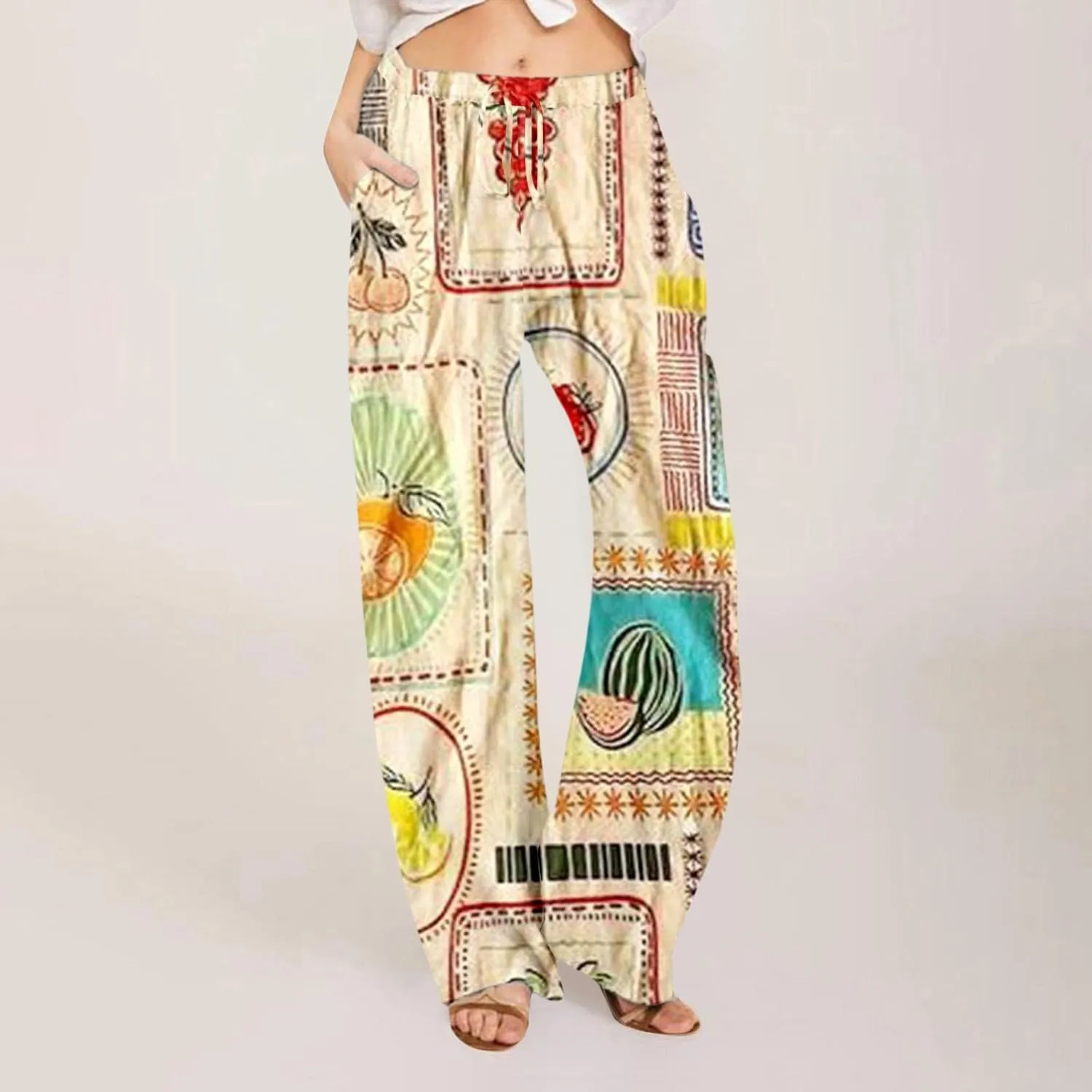 Wide Leg Linen Pants for Women Summer Boho Floral Print High Waisted Palazzo Pants Lounge Beach Trousers with Pockets