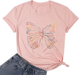 Women Butterfly Graphic T Shirt Funny Vintage Tee Shirt Summer Casual Graphic Print Crewneck T-Shirts Tops
