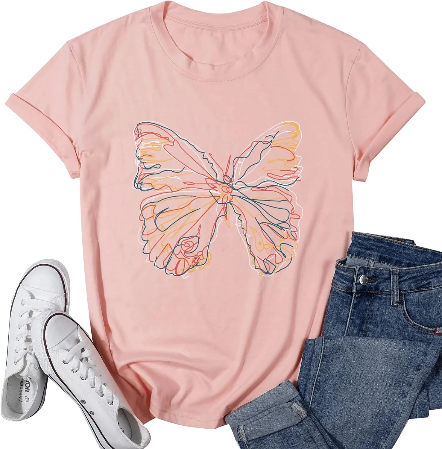 Women Butterfly Graphic T Shirt Funny Vintage Tee Shirt Summer Casual Graphic Print Crewneck T-Shirts Tops
