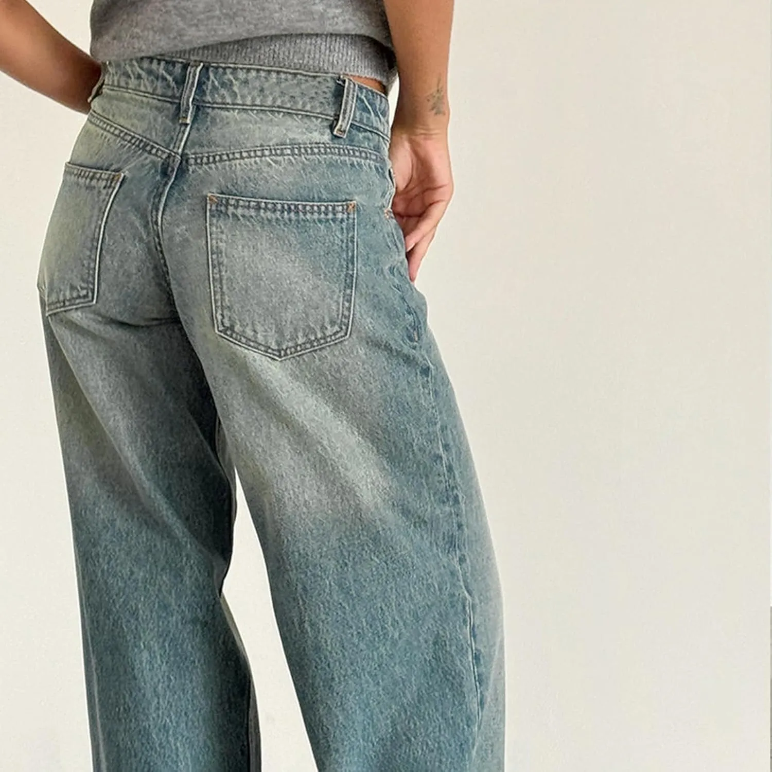 Women Jeans Low Rise Baggy Straight Wide Leg Jeans Vintage Casual Y2K Loose Boyfriend Denim Pants with Pockets