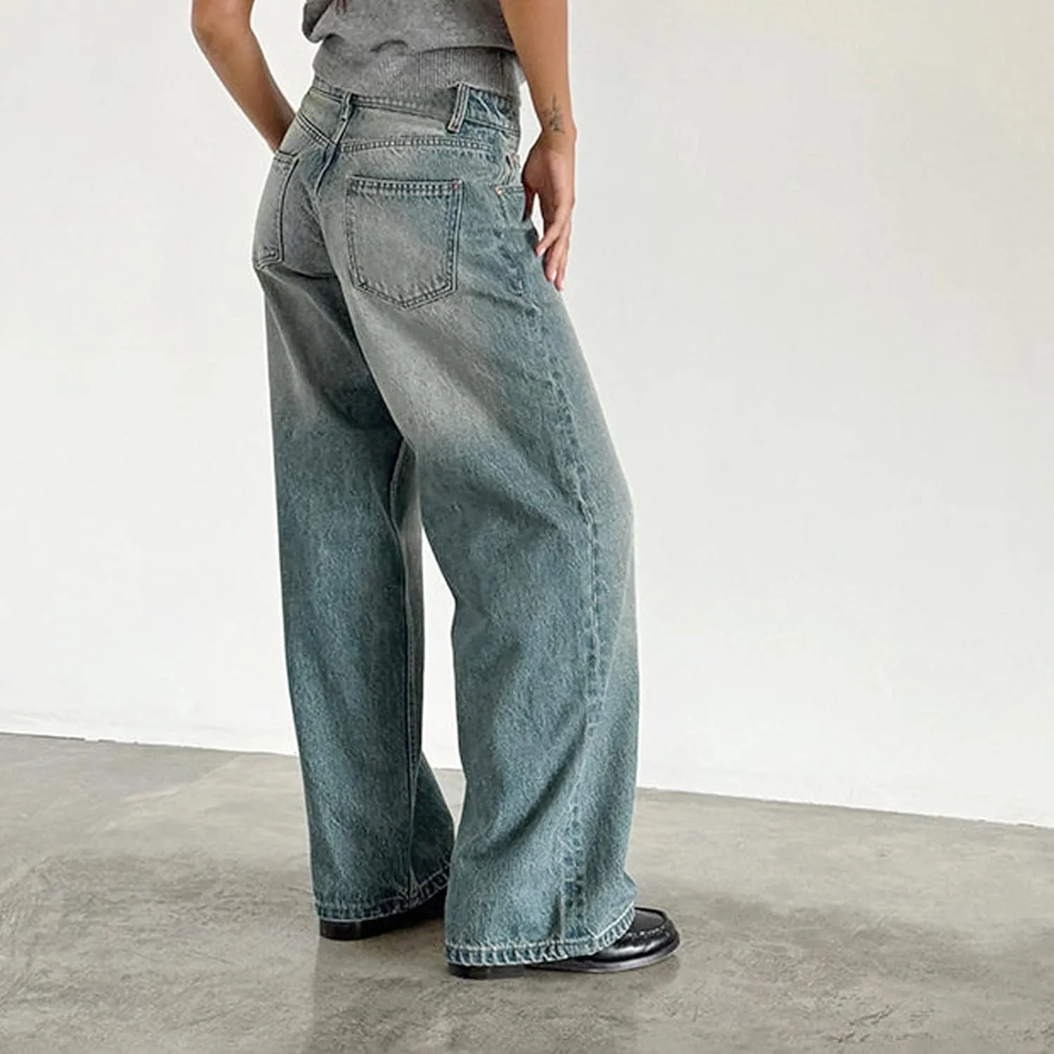 Women Jeans Low Rise Baggy Straight Wide Leg Jeans Vintage Casual Y2K Loose Boyfriend Denim Pants with Pockets