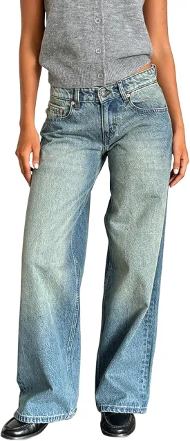 Women Jeans Low Rise Baggy Straight Wide Leg Jeans Vintage Casual Y2K Loose Boyfriend Denim Pants with Pockets