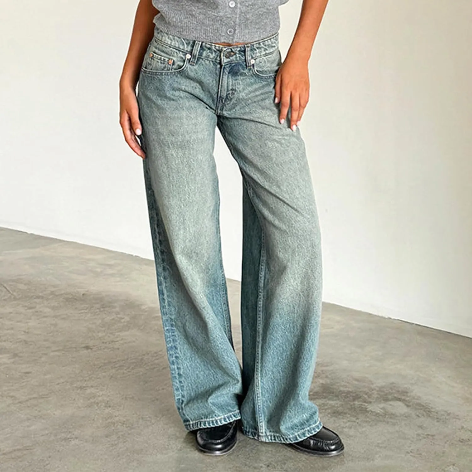 Women Jeans Low Rise Baggy Straight Wide Leg Jeans Vintage Casual Y2K Loose Boyfriend Denim Pants with Pockets