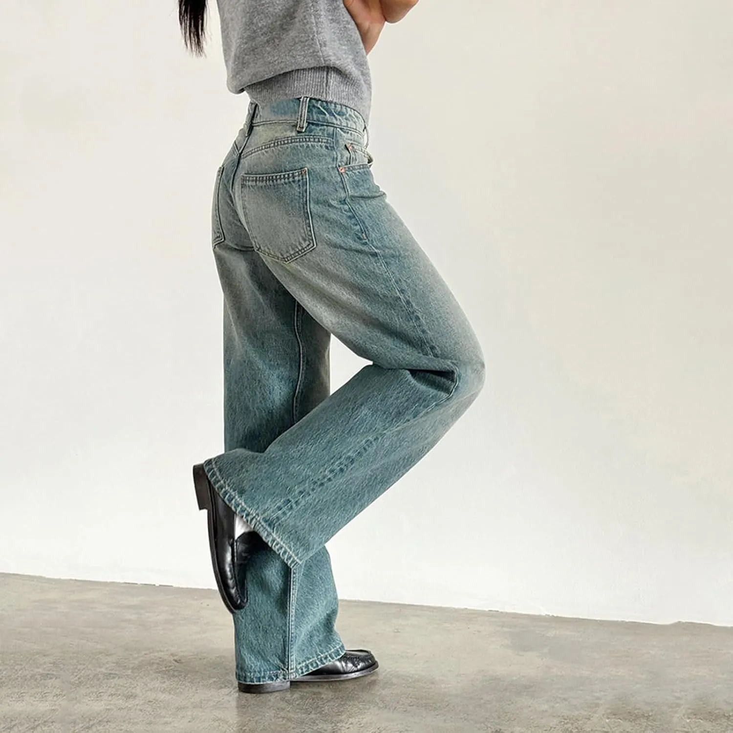 Women Jeans Low Rise Baggy Straight Wide Leg Jeans Vintage Casual Y2K Loose Boyfriend Denim Pants with Pockets