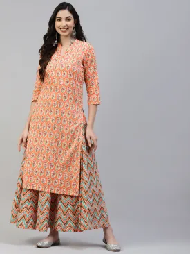 Women Peach Cotton Print Straight Kurta With Skirt