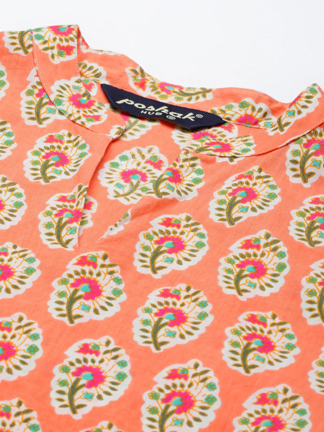 Women Peach Cotton Print Straight Kurta With Skirt