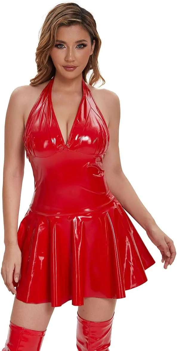 Women Shiny Leather Dress, Sexy Breast Exposing, Wetlook, Glossy Pleated Latex Skirt
