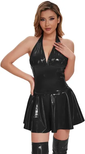 Women Shiny Leather Dress, Sexy Breast Exposing, Wetlook, Glossy Pleated Latex Skirt