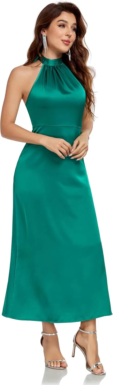 Women's Elegant Mock Halter Neck Party Dress Sleeveless Satin Silk Cocktail Evening Maxi Dresses