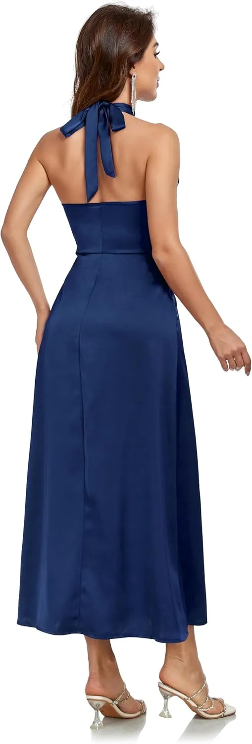 Women's Elegant Mock Halter Neck Party Dress Sleeveless Satin Silk Cocktail Evening Maxi Dresses