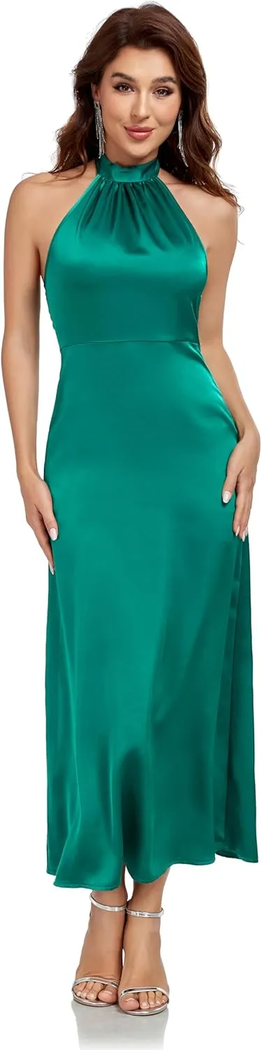 Women's Elegant Mock Halter Neck Party Dress Sleeveless Satin Silk Cocktail Evening Maxi Dresses