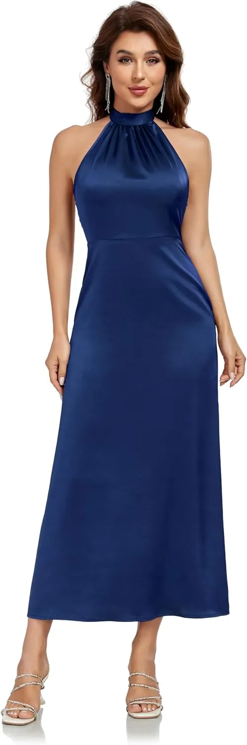 Women's Elegant Mock Halter Neck Party Dress Sleeveless Satin Silk Cocktail Evening Maxi Dresses