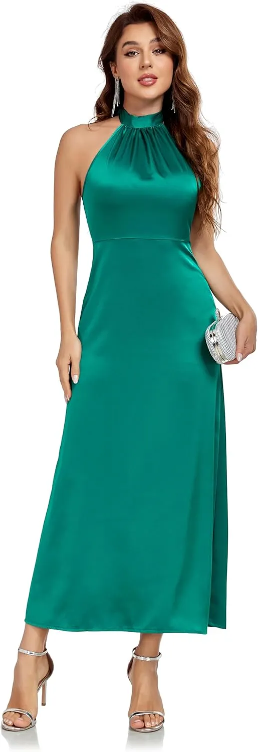 Women's Elegant Mock Halter Neck Party Dress Sleeveless Satin Silk Cocktail Evening Maxi Dresses