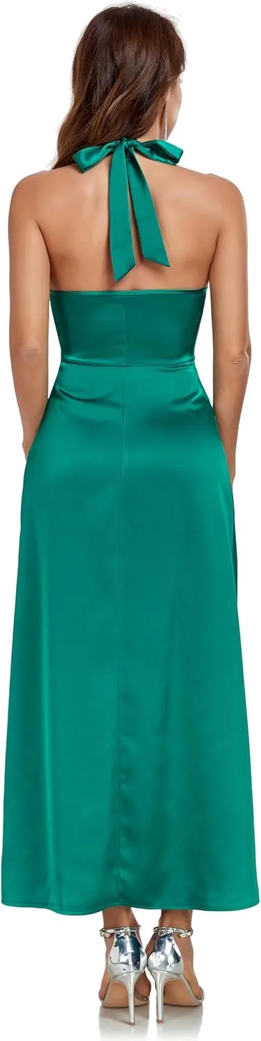 Women's Elegant Mock Halter Neck Party Dress Sleeveless Satin Silk Cocktail Evening Maxi Dresses