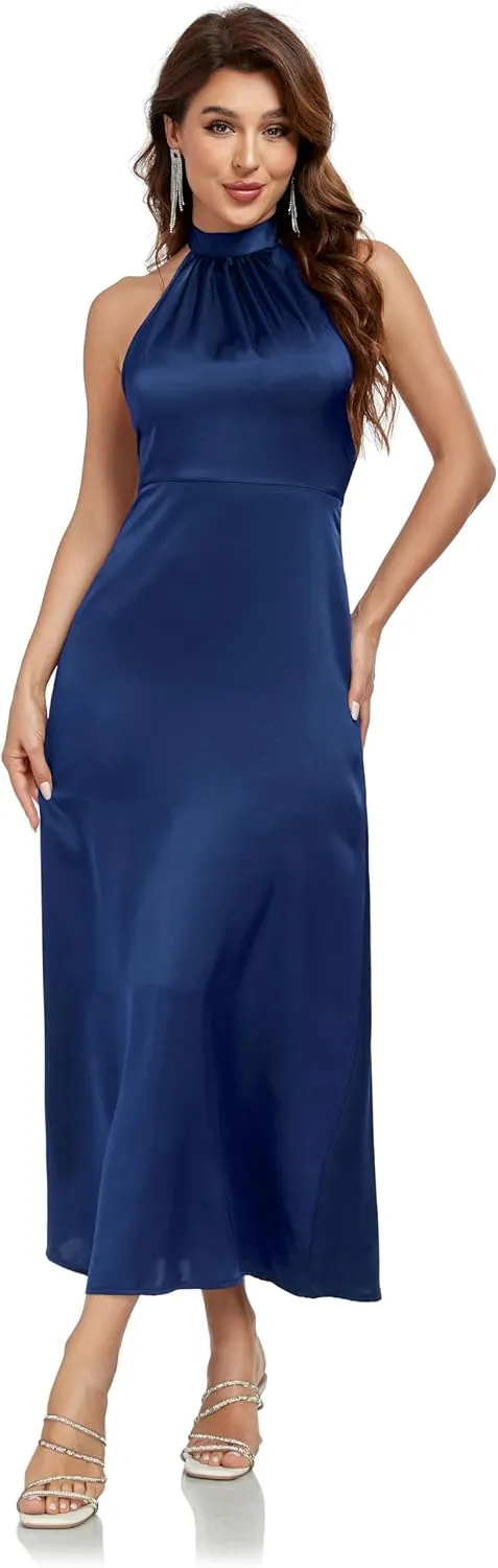 Women's Elegant Mock Halter Neck Party Dress Sleeveless Satin Silk Cocktail Evening Maxi Dresses