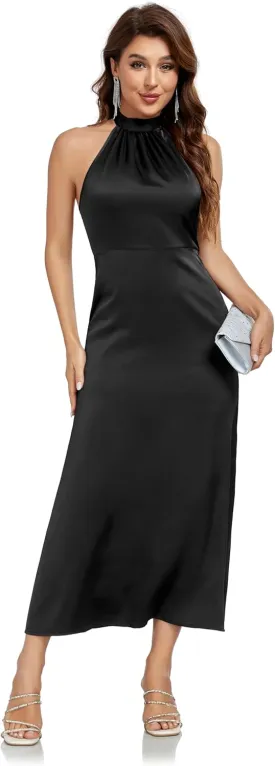 Women's Elegant Mock Halter Neck Party Dress Sleeveless Satin Silk Cocktail Evening Maxi Dresses