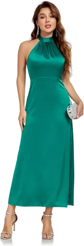 Women's Elegant Mock Halter Neck Party Dress Sleeveless Satin Silk Cocktail Evening Maxi Dresses