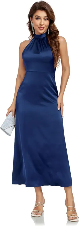 Women's Elegant Mock Halter Neck Party Dress Sleeveless Satin Silk Cocktail Evening Maxi Dresses