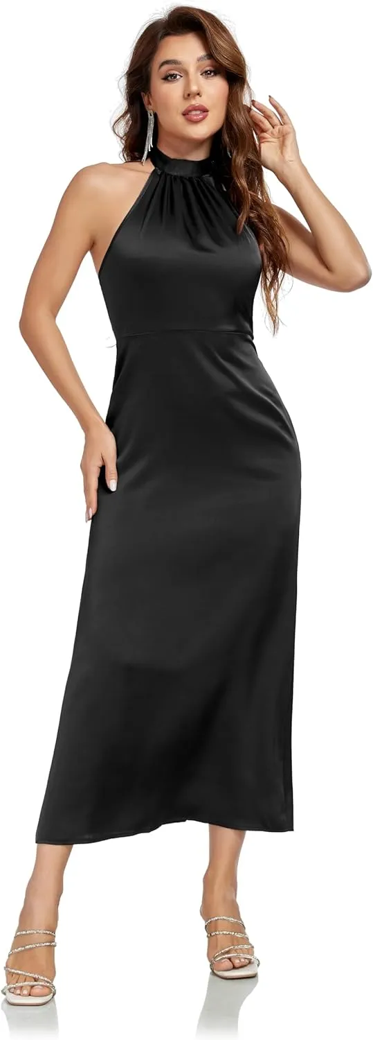 Women's Elegant Mock Halter Neck Party Dress Sleeveless Satin Silk Cocktail Evening Maxi Dresses