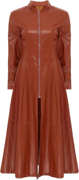 Women's Faux Leather Jacket Trench Coat Fashion Long Sleeves Full Zipper Ankle Length Dress