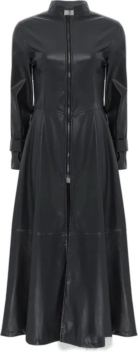 Women's Faux Leather Jacket Trench Coat Fashion Long Sleeves Full Zipper Ankle Length Dress
