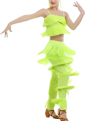 Women's Latin Tassel Dance top and Pant 2 Piece Sets for Ballroom Rumba Tango Salsa