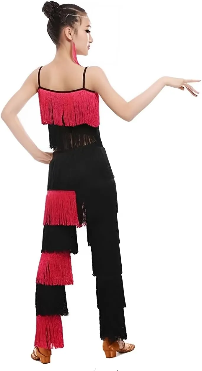 Women's Latin Tassel Dance top and Pant 2 Piece Sets for Ballroom Rumba Tango Salsa