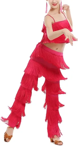 Women's Latin Tassel Dance top and Pant 2 Piece Sets for Ballroom Rumba Tango Salsa