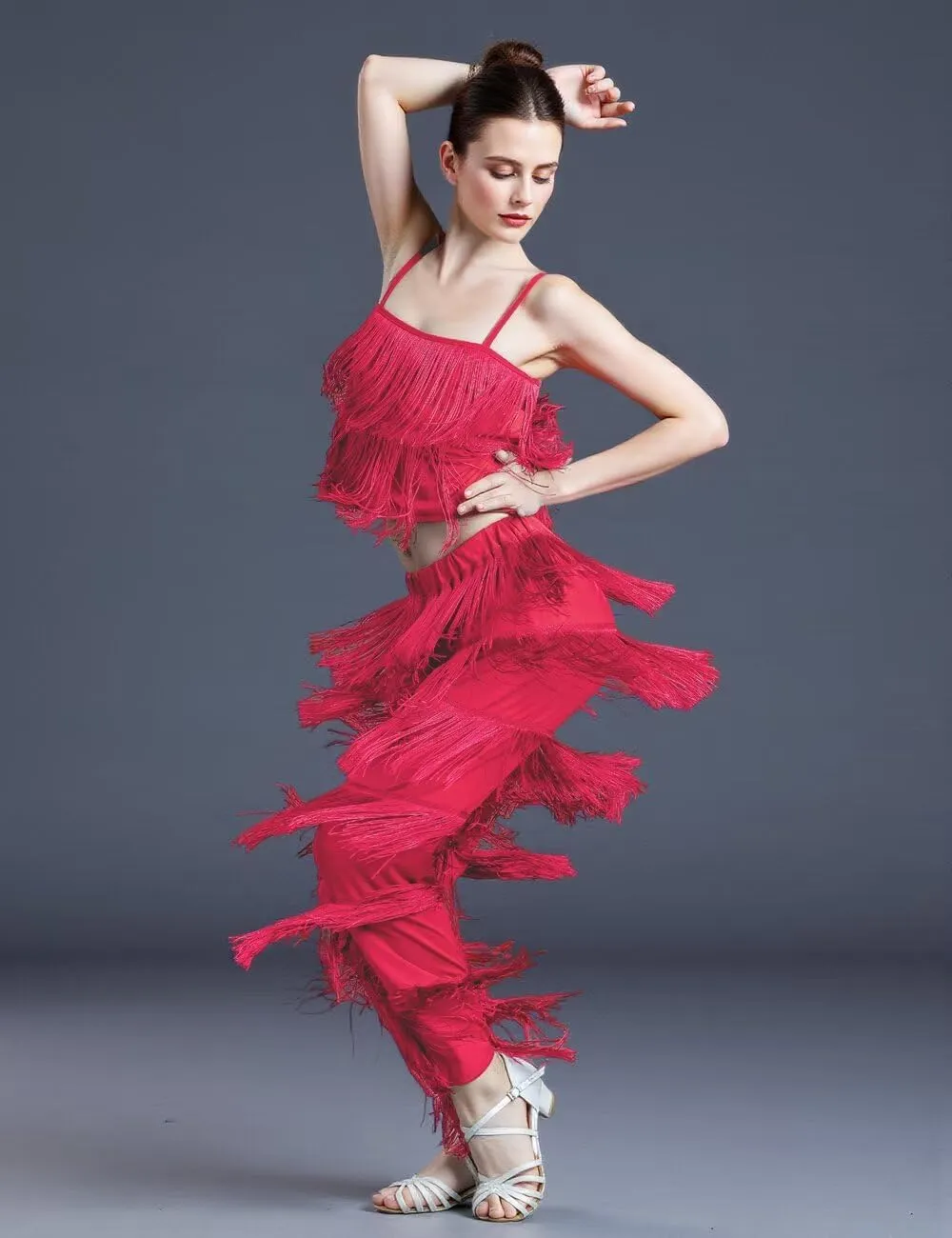 Women's Latin Tassel Dance top and Pant 2 Piece Sets for Ballroom Rumba Tango Salsa