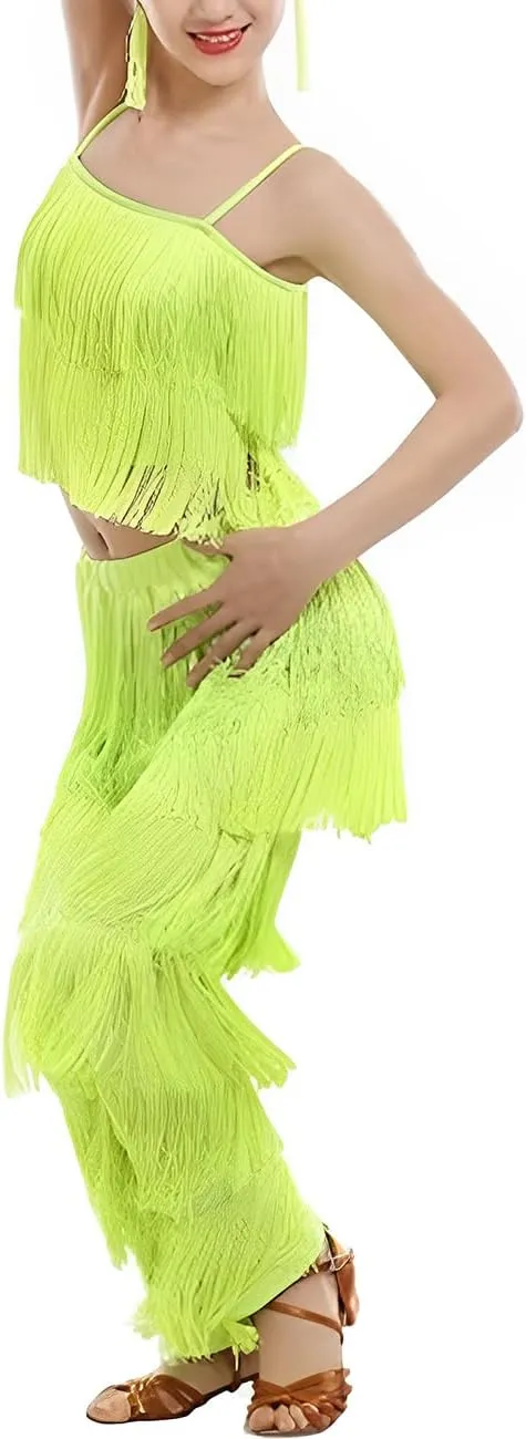Women's Latin Tassel Dance top and Pant 2 Piece Sets for Ballroom Rumba Tango Salsa