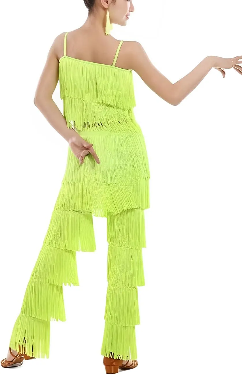 Women's Latin Tassel Dance top and Pant 2 Piece Sets for Ballroom Rumba Tango Salsa